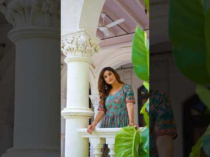 Traditional Green Floral Printed Silk Blend Gown