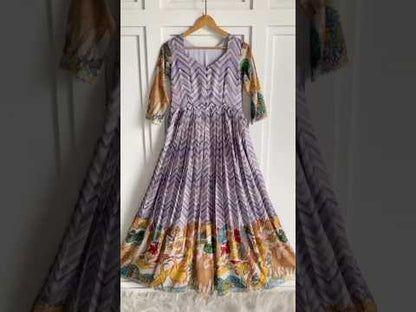 Chevron Print Anarkali Handcrafted Folk Border Gown - Pink