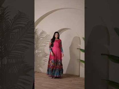 Tussar Silk Pen Kalamkari Flared Gown - Pink