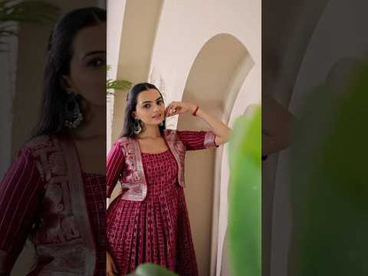 Pink Zari Checks Jacket Style Flared Gown