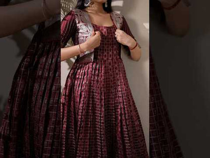 Maroon Zari Checks Jacket Style Flared Gown