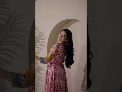 Kalamkari Print Strip Handcrafted Folk Art Border Gown - Pink