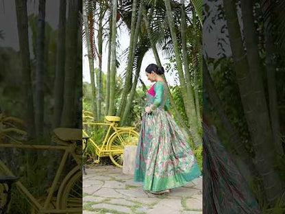 Green Leaf Motif Silk Flared Gown
