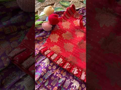 Jungle Theme Position Zari & Thread Work Kids Lehenga - Red & Purple