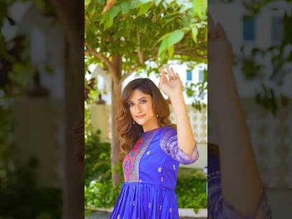 Premium Soft Silk 3.5 Meter Flared Zari Weaving Gown - Blue