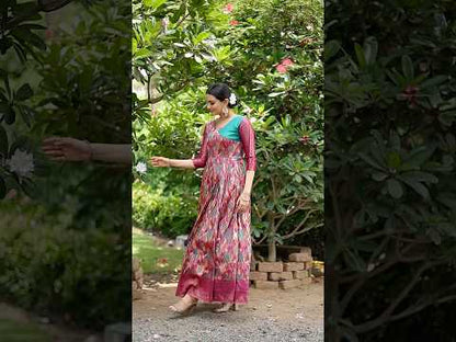 Pink Leaf Motif Silk Flared Gown