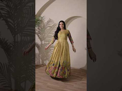 Kalamkari Print Handcrafted Folk Art Border Gown - Mehendi