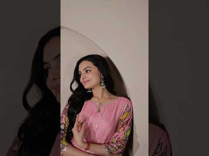 Kalamkari Print Handcrafted Folk Art Border Gown- Pink