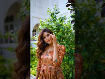 Silk Blend Floral Flared Gown with Heritage Border - Cream