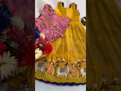 Pichwai Trending Gown With Coat For Kids- Pink-Yellow