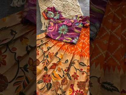 Dola Silk Parrot Meena Weaving Kids Lehenga - Orange