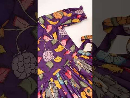 Girls Floral Printed Tiered Gown – Purple