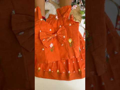 Mul Chanderi Floral Kids Lehenga Set - Orange