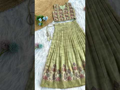 Kids Tussar Silk Embroidered Kantha Work Top Set - Pista