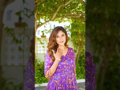 Silk Blend Floral Flared Gown with Heritage Border - Blue