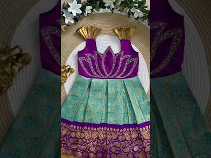 Jaquard Silk Lotus Maggam Work Gown/Frock - Purple & Sky
