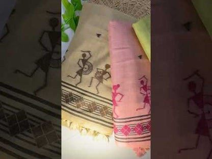 Soft Muga Cotton Warli Design Unstitched Dress Material Set - Sky