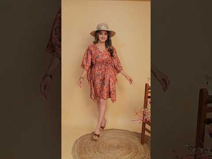 Peach Floral Printed Kalamkari Kaftan Dress