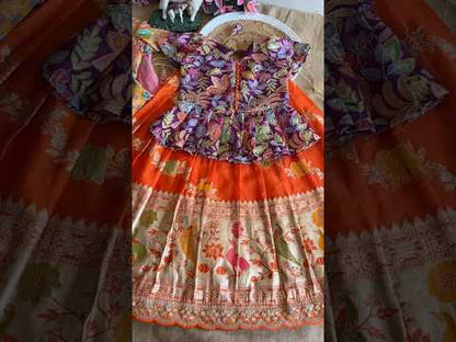 Kids Khadi Silk Animal Theme Weaving Lehenga - Rani Pink