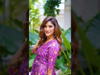 Silk Blend Floral Flared Gown with Heritage Border - Purple