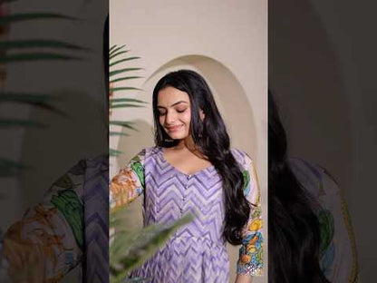 Kalamkari Print Strip Handcrafted Folk Art Border Gown - Lavender