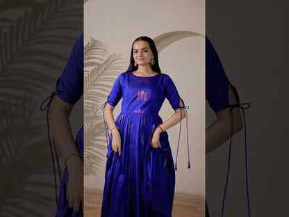 Pleated Flared Silk Tie-Up Sleeves Gown - Blue