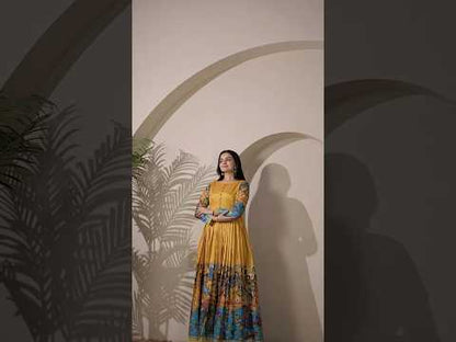 Tussar Silk Pen Kalamkari Flared Gown - Mustard
