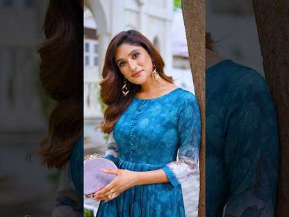 Graceful Background Floral Printed Trendy Gown - Firozi