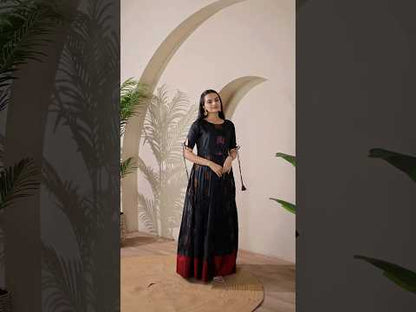 Pleated Flared Silk Tie-Up Sleeves Gown - Black